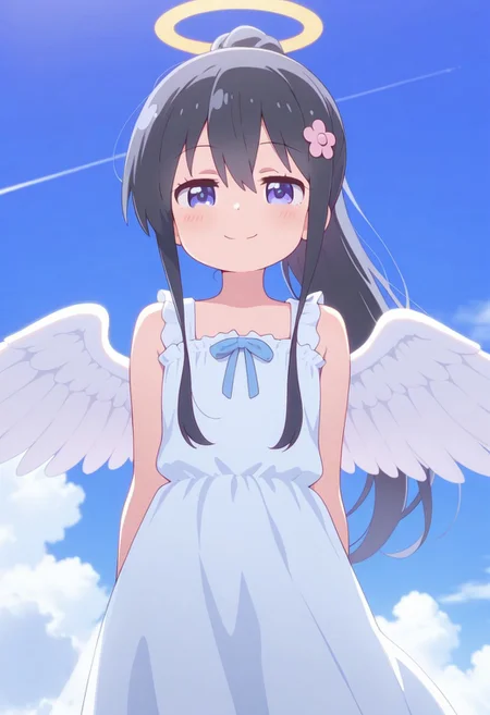 masterpiece,best quality,amazing quality, shirosaki hana, long hair, black hair, blue eyes, 1girl, solo, halo, wings, day, smile, sky, cloud, angel, ponytail, dress, blue sky, outdoors, white wings