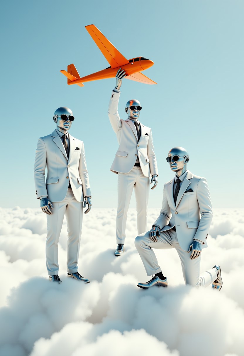 aidmaimageupgrader, a high quality digital image of three intricate silver metalic androids standing on a cloud way up in the sky, they are all wearing sunglasses and white suits. one of them is holding a large orange toy glider up in the air and one of them is kneeling on one knee