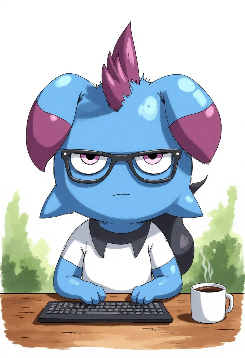 Watercolor drawing. blue Depresso is sitting in the office behind a desk. There is a keyboard and big coffee mug on the table. Depresso is wearing glasses and white shirt and has a bored tired look on his face.