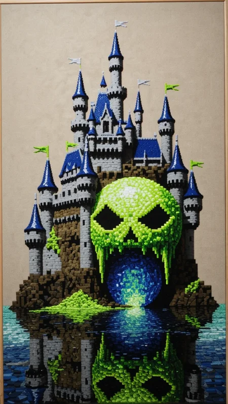 (epic:1.2), trending on artstation, (high quality:1.2), (masterpiece:1.2), high details, incredibly absurdres, colorful), (Slice-of-Life:1.31), (pixel art:1.36), (neo-expressionism:1.31), (Superhero style:1.31), (graffiti:1.31), (canvas:1.29), (embroidery:1.19), (moody:1.25), (antique photo:1.13) ,, (object: (Ultra Ball:1.21)) (mood: (Sad:1.35), downturned mouth, drooping eyelids, furrowed brow) , (color scheme:(sapphire blue and fluorescent green:1.25)), (location: (floating castle:1.24),(art gallery:0.56))