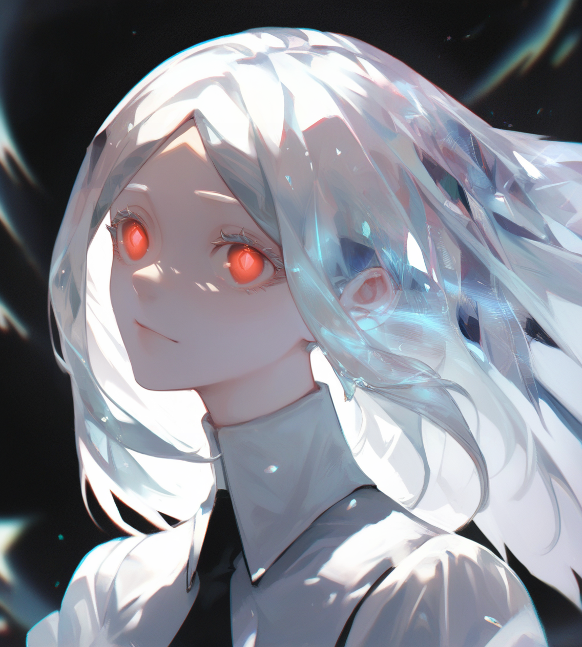score_9,score_8_up,score_7_up,score_6_up,source anime BREAK,
1girl, solo, solo focus, white hair, parted bangs, dark background, glowing, chromatic aberration, gradient hair, crystal hair, medium breasts, red eyes, dress, portrait,
 <lora:houseki_no_kuni_artworks-000014:1>