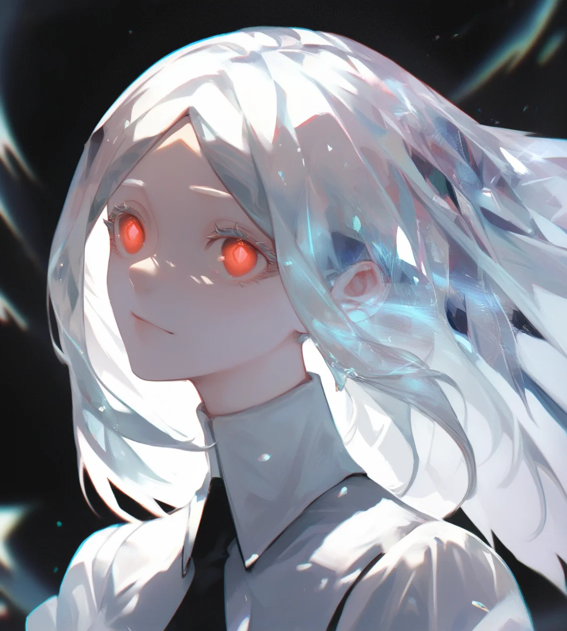 score_9,score_8_up,score_7_up,score_6_up,source anime BREAK,
1girl, solo, solo focus, white hair, parted bangs, dark background, glowing, chromatic aberration, gradient hair, crystal hair, medium breasts, red eyes, dress, portrait,
 <lora:houseki_no_kuni_artworks-000014:1>