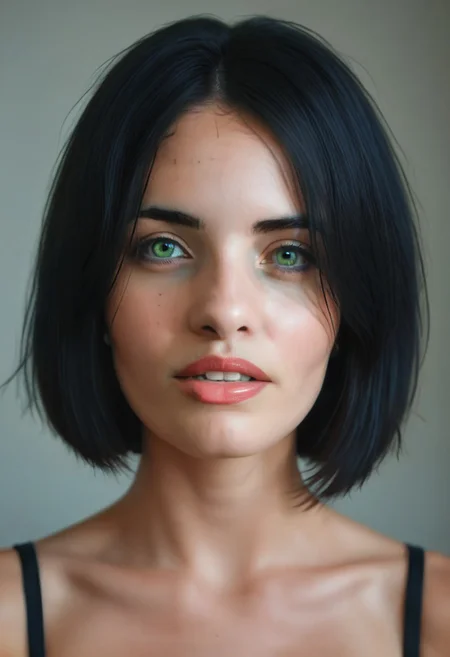 realistic, 42yo girl, short bob black hair, green eyes, UHD, photorealistic, best quality, masterpiece, 16K, cinematic