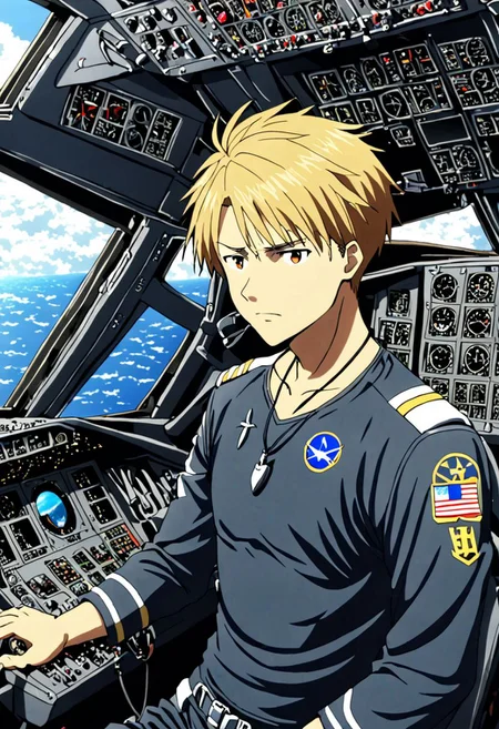 high resolution, solo, best quality, 1Boy, Yamato Ishida, Blond Hair, Necklace, Pilot, Cockpit, OverallDetail