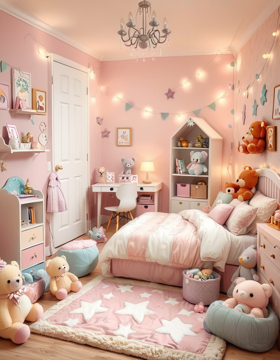 A young woman,long blond hair, standing in a cozy, pastel-colored bedroom,Girl b3dr00m, wearing a whimsical bear-shaped pajama suit. The costume is soft and fluffy, featuring bear ears on the hood, a small tail at the back, and paw-like patterns on the feet. The woman has a relaxed and cheerful expression, with her hands resting playfully on her hips. The bedroom is decorated with fairy lights, plush toys, and pastel-colored furniture, including a bed with a floral duvet, a small desk with a lamp, and a rug shaped like a star. The lighting is soft and warm, giving the scene a dreamy and comfortable atmosphere.<lora:SDXLFaeTastic2400:0.4> <lora:extremely_detailed:0.4> extremely detailed,
 <lora:Girl_b3dr00m:1>, Masterpiece,best quality,hi res,8k,hi res,8k,award winning,(sharp focus, intricate, highly detailed),