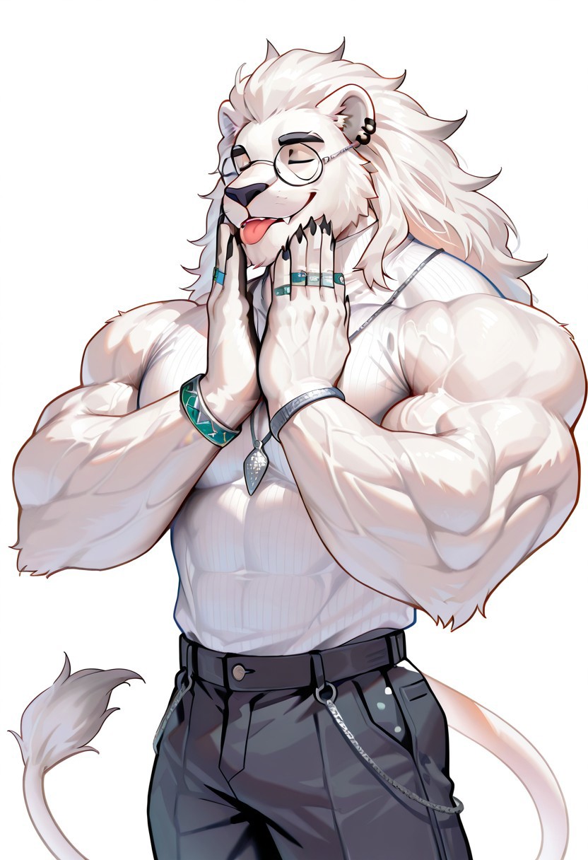 Big white lion, chest tuft, lion, solo, male, muscular, muscular male, big muscles, (huge muscles), muscular arms, muscular pecs, round wire-rim glasses, perfect round glasses, nice eyes, looking at viewer, white body, white fur, black nose, hair, very long white hair, fangs, smiling, mouth closed, ear ring, detailed eyes, turquoise eyes, nice eyes, silver necklace, pants, turtleneck shirt, perfect turtleneck shirt, extreme biceps, extreme muscles, extreme abs, extreme pecs arm jewelry, jewelry on bicep, jewelry on hands, wearing multiple rings, nose to ear chain, jewelry on face, bling, blingy, luxurious,
,2024, 2023, 2022, w0lfc0nf, masterpiece, best quality, amazing quality, very detailed fur, heavyweight bodybuilder, tongue out, cute, adorable, squishing cheek adorable, squishing face, hands on own face, closed eyes, parted lips, light smile, f33lsg00d