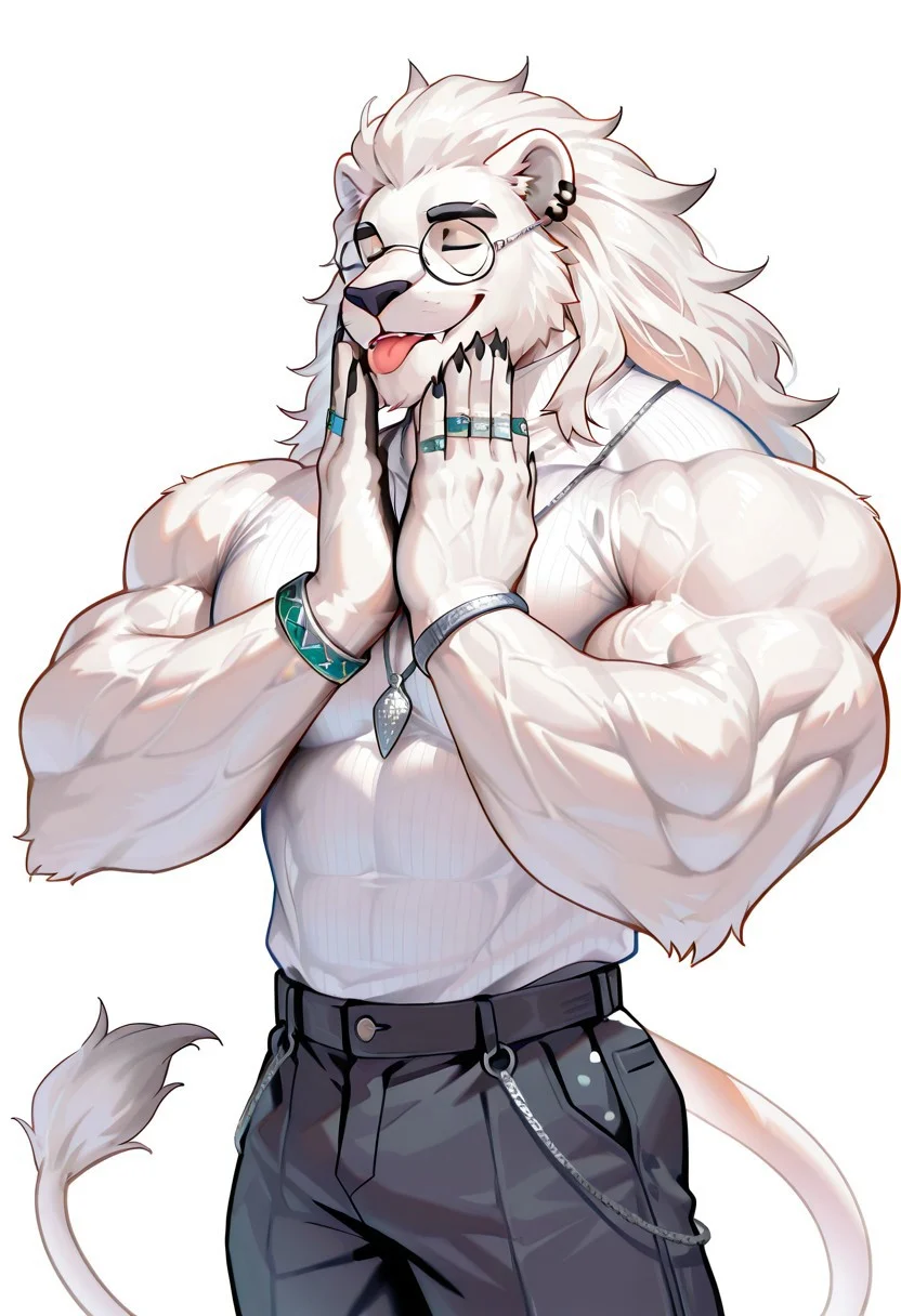 Big white lion, chest tuft, lion, solo, male, muscular, muscular male, big muscles, (huge muscles), muscular arms, muscular pecs, round wire-rim glasses, perfect round glasses, nice eyes, looking at viewer, white body, white fur, black nose, hair, very long white hair, fangs, smiling, mouth closed, ear ring, detailed eyes, turquoise eyes, nice eyes, silver necklace, pants, turtleneck shirt, perfect turtleneck shirt, extreme biceps, extreme muscles, extreme abs, extreme pecs arm jewelry, jewelry on bicep, jewelry on hands, wearing multiple rings, nose to ear chain, jewelry on face, bling, blingy, luxurious,
,2024, 2023, 2022, w0lfc0nf, masterpiece, best quality, amazing quality, very detailed fur, heavyweight bodybuilder, tongue out, cute, adorable, squishing cheek adorable, squishing face, hands on own face, closed eyes, parted lips, light smile, f33lsg00d