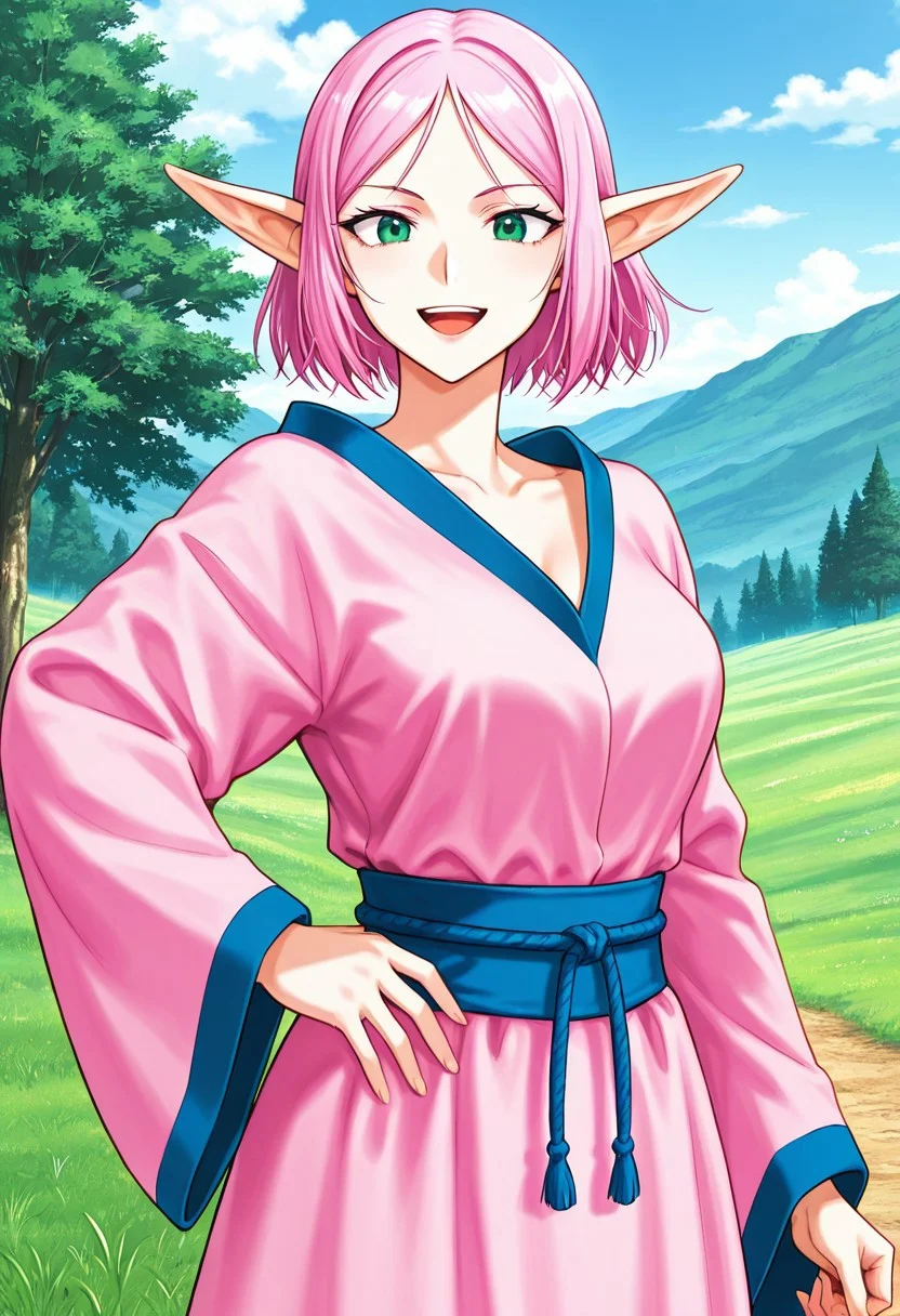score_9,score_8_up,score_7_up,source_anime,5_figner,2d_animation,game cg,BREAK,1girl,solo,
ESUNA BUSY,elf,green eyes,pink hair,short hair,parted bangs,short bangs,pink dress,pointy ears,fantasy,long sleeves,robe,
medium breasts,smile,open mouth,looking at viewer,cowboyshot,
cloud,outdoor,grassland,tree,
masterpiece,best qualit,ultra-detailed,illustration,an extremely delicate and beautiful,beautiful detailed eyes,unity 8k wallpaper,high resolution,anime CG,official_art,