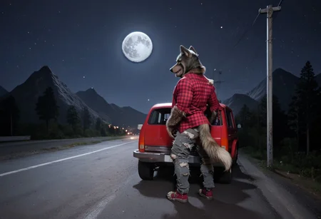 zPDXL3, masterpiece, best quality, highly detailed, score_9, score_8_up, score_7_up, score_6_up, full body picture of the Lobinez, furry male, solo, wolf, red plaid shirt, grey torn pants, torn shoes, claws, tail, solo, best resolution, best quality, masterpiece, outdoors, night, star_(sky), full moon, moon, moonlight, road, building, diner, pickup truck, truck, power lines, utility pile, scenery, mountain, night sky