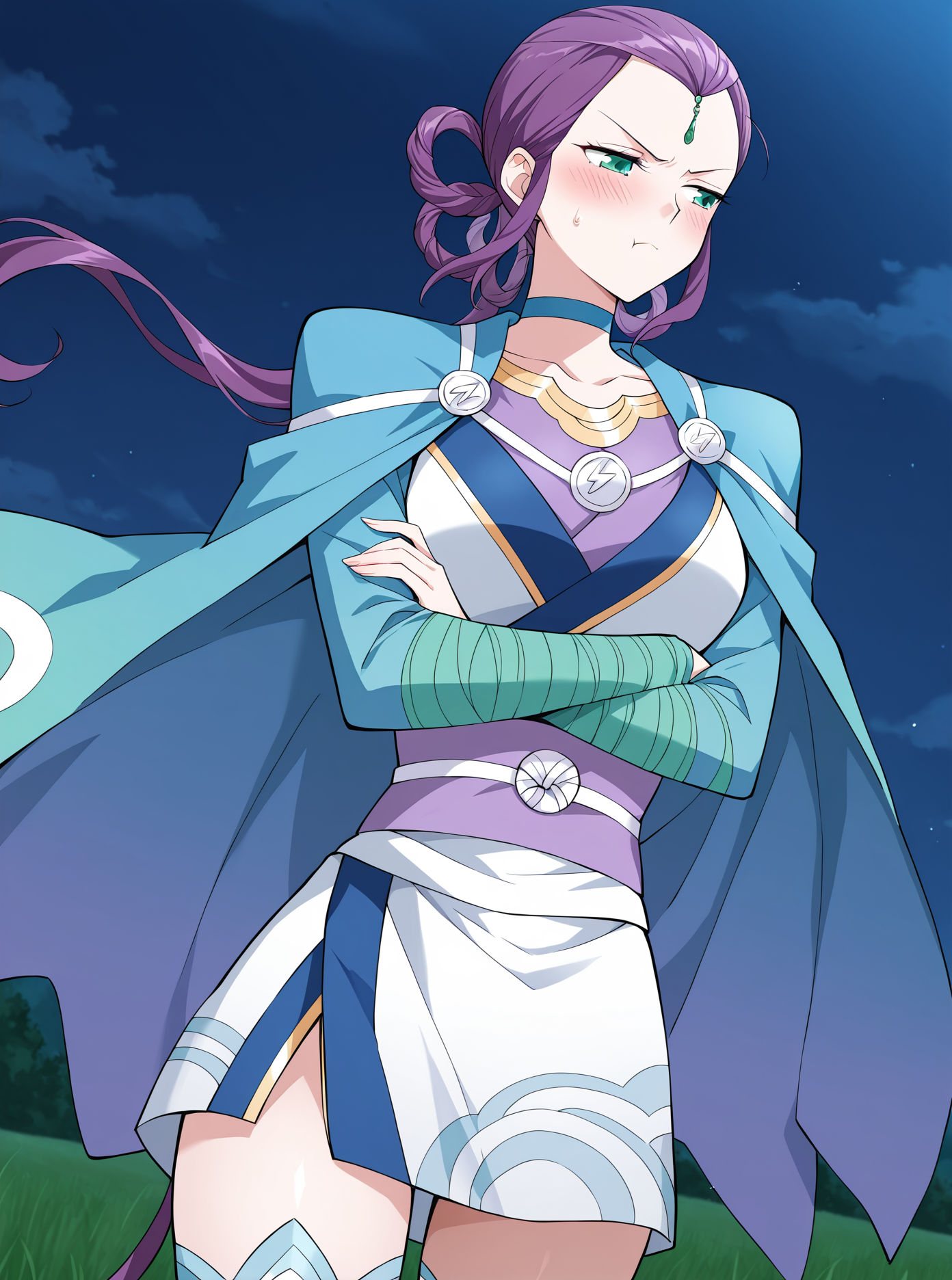 <lora:Feng_Qing_Er__Battle_Through_the_Heavens__Illustrious:1>
1girl, solo, purple hair, braided bun with hair tail, hair rings, hair bun, side bangs, forehead jewel, green eyes, anime style, blue and white outfit, oriental dress, short dress, battle robe, split sleeves, shoulder cape, high collar, gold accents, sash belt, blue thighhighs, thigh-high boots, zigzag trim, symbol buttons, gemstone accessory, martial artist, blue choker
score_9, score_8_up, score_7_up, very aesthetic, source_anime, detailed, high quality, beautiful, masterpiece, detailed eyes, field, blurry background, pose dynamic angle, upper body, cowboy shot, floating hair, half-closed eyes, arms crossed, looking to the side, pouting, sulking, embarrassed, night