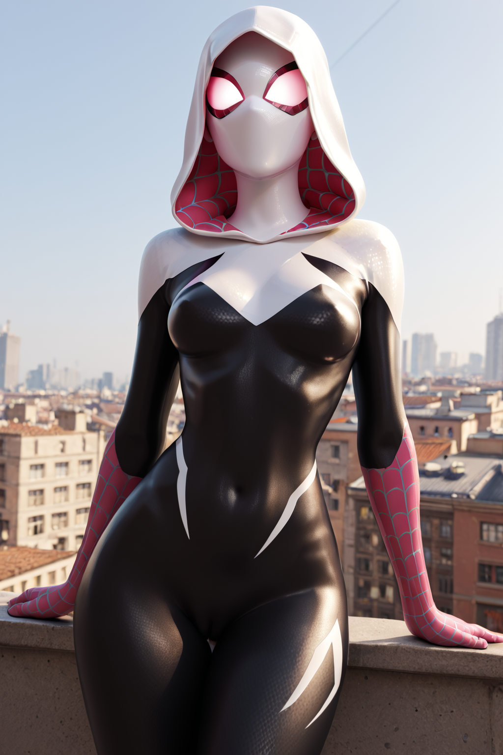 PonyXLV6_Scores BREAK (perfect anatomy, perfect eyes, cowboy shot), <lora:add_details_xl:0.8> BREAK <lora:Gwen_Stacy_-_Marvel_Animation:0.8> gwen stacy, ((looking at viewer)), mask, hood, superhero, hooded bodysuit, bodysuit, skin tight, spider web print, curvy, toned, athletic, standing, sexually suggestive pose, city rooftop, outdoors
