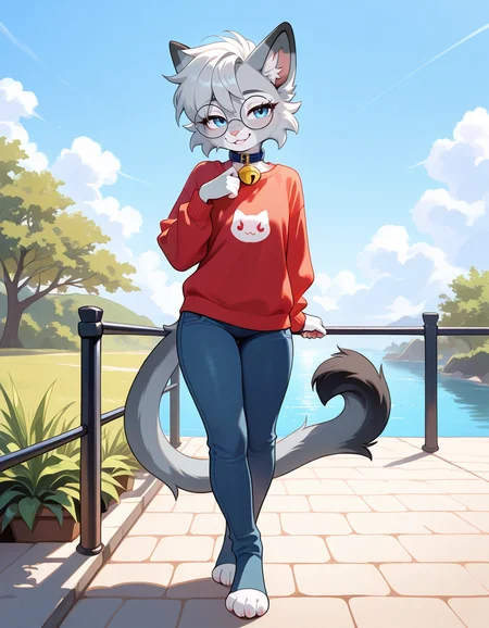 masterpiece, best quality, very aesthetic, absurdres,
outdoors, casual, 
full body, posing, 
seductive smile, parted lips, long eyelashes,
<lora:Nixuelle_v01_NAIXL:1>
Nixue11e,1girl,solo,furry,furry female, cat girl, cat ears, short hair, grey hair, blue eyes, round eyewear, snout, animal nose, collar, neck bell, body fur, two-tone fur, grey fur, white fur, cat tail,