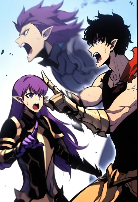 8K, depth of field, focused subject, best quality, <lora:solo_leveling_by_readandsign_fin-000014:1>,
rf64u, long hair, short hair, open mouth, black hair, 1boy, purple hair, male focus, sweat,pointy ears,cape, sweatdrop, armor, looking at another, torn clothes, tank top, pointing, gauntlets, index finger raised, motion blur, battle, black armor