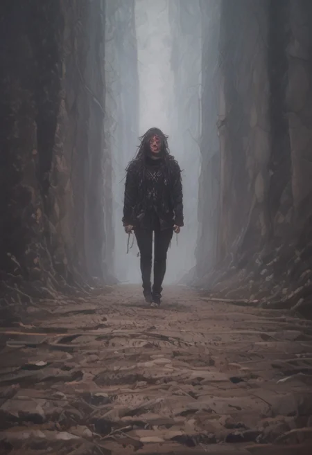 source_photo, realistic, Anime,2.5D A highly detailed fantastical picture of demon in traveling skins wandering the wastelands of hell. Walking with a large hell creature covered in gear. High winds causing sand and debris to kick up against them, Far Away