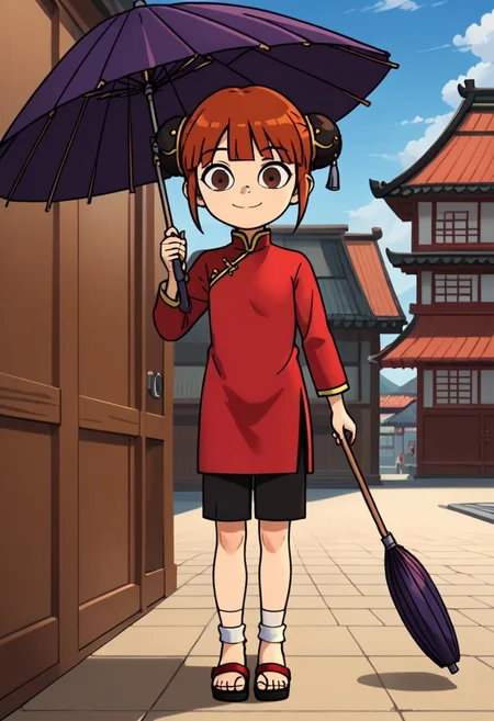 score_9, score_8_up, score_7_up, 1girl, solo, Fiore_DC, light skin, brown eyes, red hair, short hair, Double bun, bun cover, black bun cover, bangs, white socks, sandals, Chinese clothes, China dress, red cheongsam, long sleeves, black pants, big eyes, young, petite, small body, short body, child, flat chested, social smile, perfect eyes, perfect smile, looking at the viewer, detailed eyes, perfect eyes, standing, five fingers, perfect hands, umbrella, purple japanese umbrella, one hand holding umbrella, high-tech oedo town, blue sky, daytime, good weather, nice