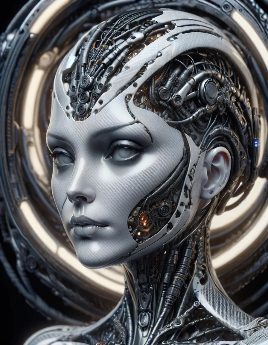 complex 3d render ultra detailed of a beautiful porcelain profile woman android face, cyborg, robotic parts, 150 mm, beautiful studio soft light, rim light, vibrant details, luxurious cyberpunk, lace, hyperrealistic, anatomical, facial muscles, cable electric wires, microchip, elegant, beautiful background, octane render, H. R. Giger style, 8k, best quality, masterpiece, illustration, an extremely delicate and beautiful, extremely detailed ,CG ,unity ,wallpaper, (realistic, photo-realistic:1.37),Amazing, finely detail, masterpiece,best quality,official art, extremely detailed CG unity 8k wallpaper, absurdres, incredibly absurdres, made of ral-carbonfiber <lora:ral-carbonfiber:1> ral-carbonfiber landscape