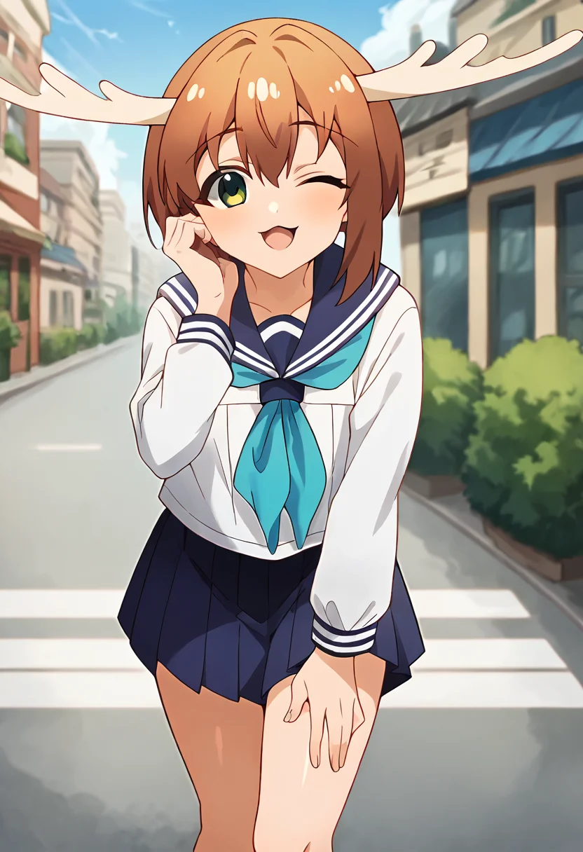 score_9, score_8_up, score_7_up, source_anime, masterpiece, 1girl, ct_shikan0k0, blue skirt, blue sailor collar, blue neckerchief, serafuku, pleated skirt, long sleeves, outdoors, city, depth of field, sunny, day,  looking at viewer, hand on cheeks, leaning forward, shiny skin, one eye closed, <lora:Shikanoko_Noko_pony_v1:1>