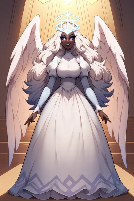 score_9, score_8_up, score_7_up, score_6_up, score_5_up, score_4_up, SeraHHXL, dark skin, colored skin, no ears, white nose, white freckles, makeup, black lips, colored sclera, white eyes, black pupils, white hair, long hair, halo, glowing halo, angel wings, large breasts, puffy sleeves, white dress, long slevees, long skirt, solo, standing, full body, seductive smile, looking at viewer, heaven <lora:SeraHHXL:0.8>
