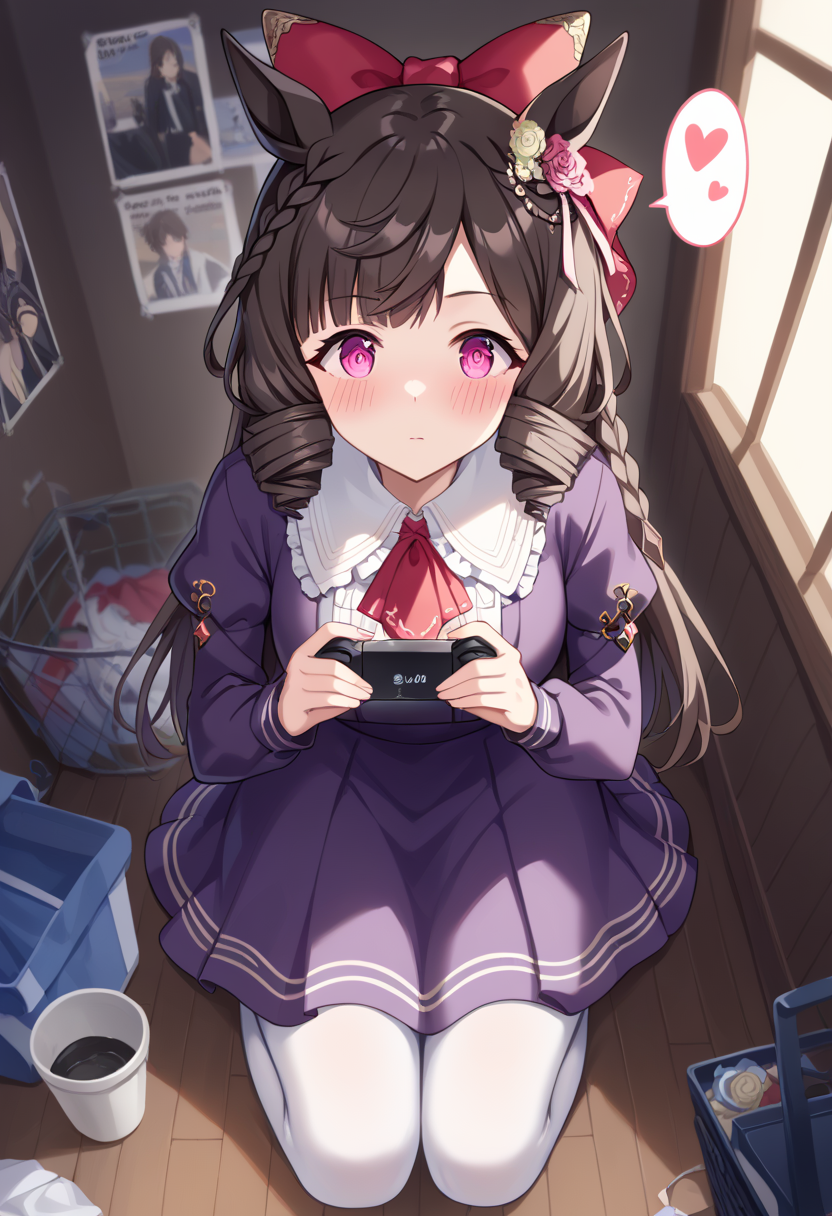 score_9, score_8_up, score_7_up, best quality, masterpiece, source_anime, zPDXL3, BREAK, <lora:daiichi_ruby_umamusume:1>  ,daiichi_ruby_(umamusume), daiichi_ruby_(casual)_(umamusume), high angle, Kneeling with one arm resting on the knee, aroused, full-face blush, nosebleed,  spoken heart, expressionless,  o.o, flustered,  surprised, charmed,, messy room, posters, game console, old apartment, dark room, junk, trash,,