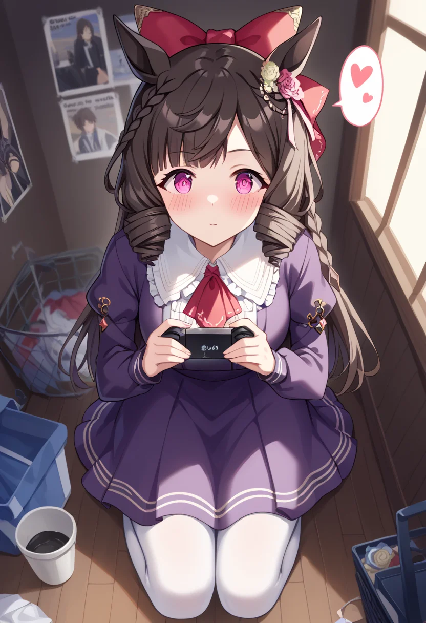 score_9, score_8_up, score_7_up, best quality, masterpiece, source_anime, zPDXL3, BREAK, <lora:daiichi_ruby_umamusume:1>  ,daiichi_ruby_(umamusume), daiichi_ruby_(casual)_(umamusume), high angle, Kneeling with one arm resting on the knee, aroused, full-face blush, nosebleed,  spoken heart, expressionless,  o.o, flustered,  surprised, charmed,, messy room, posters, game console, old apartment, dark room, junk, trash,,