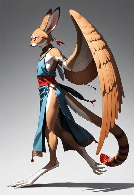 1person, Palagiri, anthro, feline features, feline nose, large ears, ((wings)), ((armless)), perfect wings,
Side view, perfect face, ((prehensile toes, long toes)), ((feathers-tipped tail, fanned tail-tip)),
digitigrade legs, pelvic curtain tunic,
Source: anime, score: 9, score: 8up,