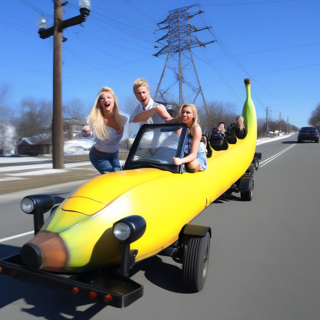 parody, 4 wheels, blonde hair, facial hair, banana, denim, snow, lamppost, 2girls, sign, power lines, shirt, photo background, english text, motion blur
