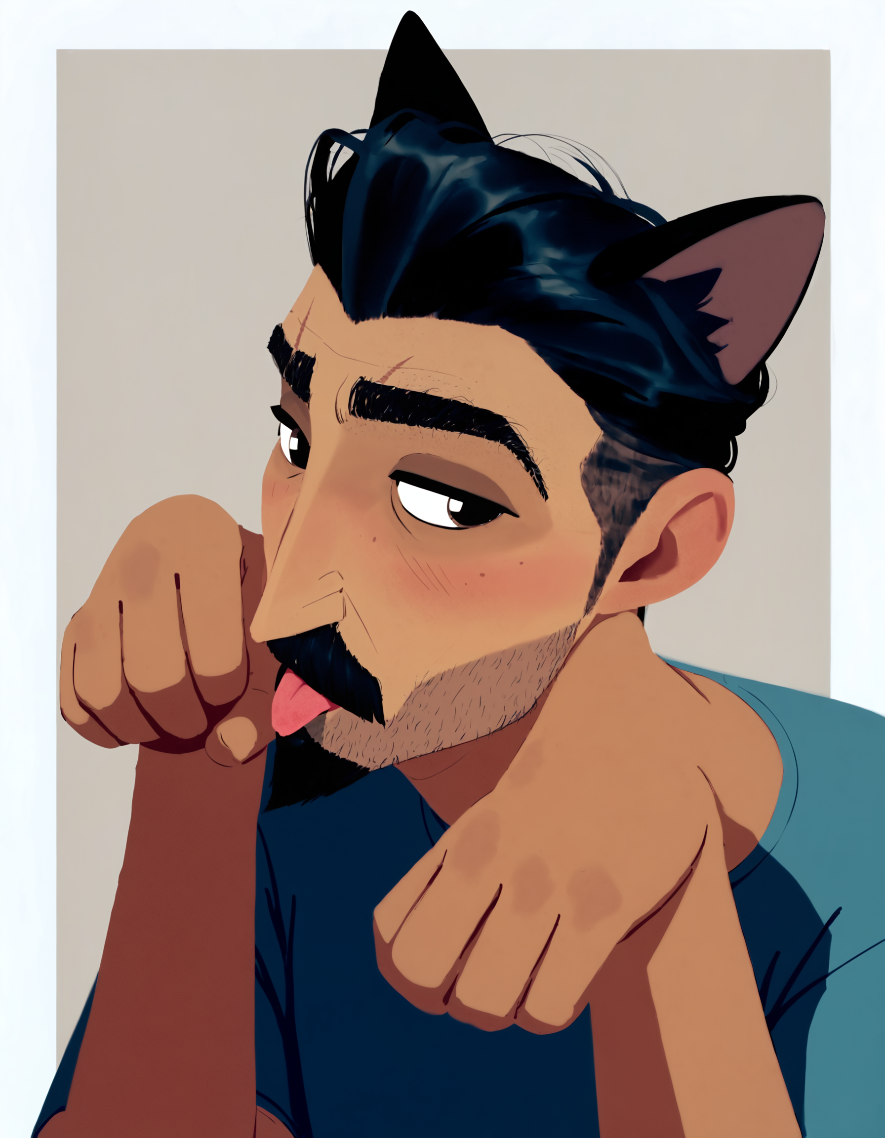 absurdres, score_9, score_8_up, score_7_up, score_6_up, score_5_up, score_4_up, rating_explicit, rating_questionable, 1boy, solo, male focus, ballister, thick mustache, goatee, black eyes, brown eyes, thick eyebrows, thick, mustache, hair slicked back, short hair, facial hair, (dark skin, dark skinned male:1.2), black hair, undercut, beard stubble, eyebrow cut, mature male, looking to the side, half-closed eyes, blue t-shirt, tongue out, lineless, (cat ears, paw pose:1.1), blush, v-shaped eyebrows, 1boy, solo, male focus, ballister, thick mustache, goatee, black eyes, brown eyes, thick eyebrows, thick, mustache, hair slicked back, short hair, facial hair, (dark skin, dark skinned male:1.2), black hair, undercut, beard stubble, eyebrow cut, mature male, looking to the side, half-closed eyes, blue t-shirt, tongue out, lineless, (cat ears, paw pose:1.1), blush, v-shaped eyebrows, open friendly, generous, heavenly atmosphere, detailed, intricate, stunning, highly enhanced, beautiful, attractive, cinematic, dramatic ambient, full background, sharp detail, great light, coherent, glowing rich colors