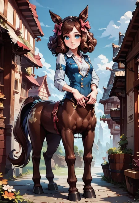 score_9, score_8_up, score_7_up, epona, (centaur), horse ears, brunette, medium hair, ringlets, hair bow, cute face, detailed eyes, small breasts, imperious expression, highly detailed, intricate, zzCitronCAT, village scenery, hair ornament, floral bow, tail bow, fur, brunette tail