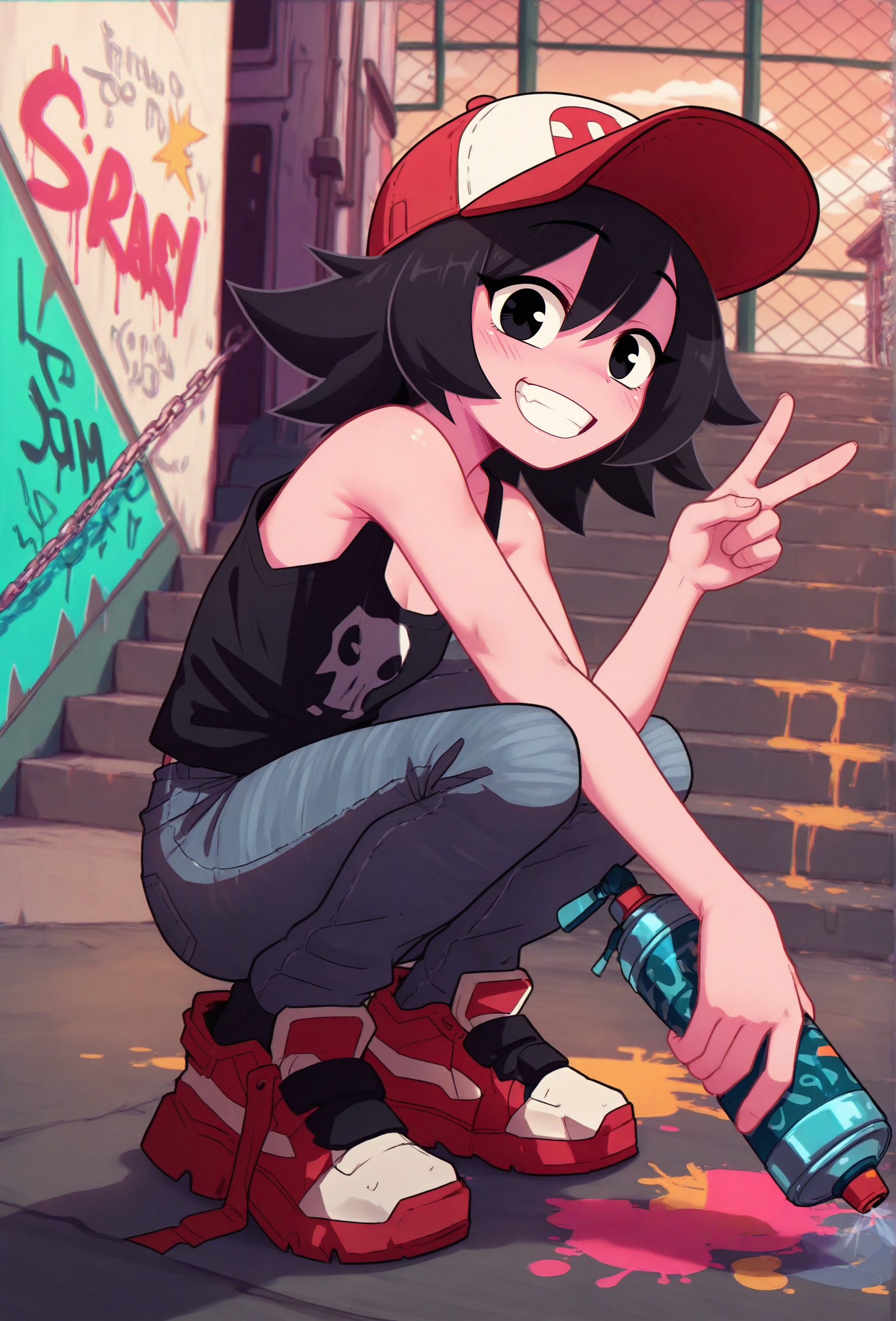 masterpiece,best quality,amazing quality, <lora:marigold_cabronpr_noob_v1.1f:0.75> marigold, 1girl, solo, no nose, black eyes, baseball cap, grin BREAK
<lora:groovy_smooth_style_illustrious_v1f:1> groovysmoothstyle, chromatic aberration, urban, sunset, chain-link fence, graffiti, stairs, tank top, jeans, spray paint, holding spray paint, squatting, sneakers, v-sign