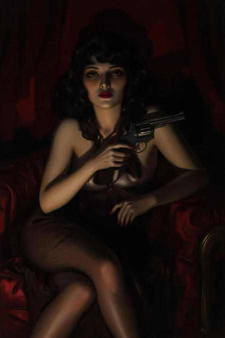 rolfarmstrong1 illustration.
a mysterious woman with dark, wavy hair and piercing eyes sits on a sofa with her legs crossed, in the shadows of a dimly lit room. She is holding a small revolver with a delicate yet firm grip. Her red lipstick is the only color that stands out in the darkness, her intentions unclear but dangerous
<lora:rolfarmstrong1_cap_d8a4:1.0><lora:862808614492981041:0>