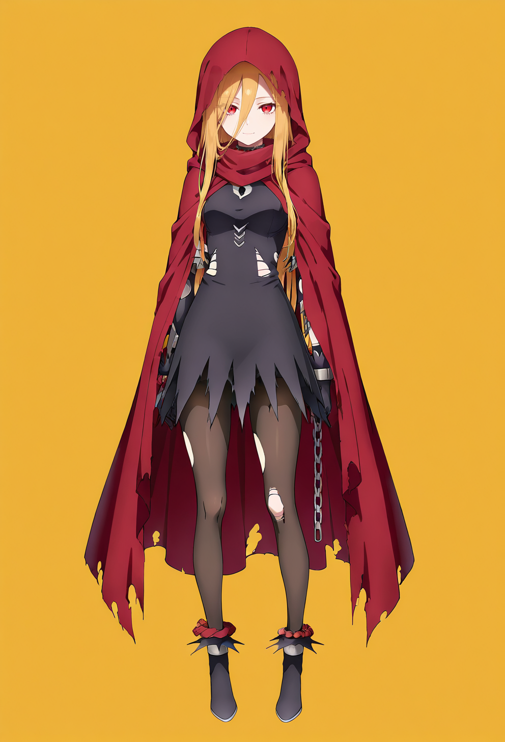 masterpiece, best quality,
1girl, solo, full body,
standing,
looking at viewer, light smile,
simple background, yellow background,
 <lora:Evileye:1> N4rb3r4lG4mm4, red eyes, blonde hair, very long hair, hair between eyes, 
torn clothes, hood, pantyhose, black dress, gloves, chain, hooded cloak, shackles,