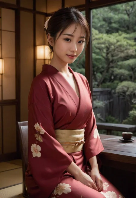 From frontal below :1.3,(dark background:1.3),(sitting behind wood table:1.631),(restaurant at ryokan:1.2),(Japanese tea cups on table:1.63),(beautiful real texture :1),smile face:1,(royal),10k,(real skin texture:1),high resolution,(one 32 years old elegant Japanese woman wearing in colored long kimono:1.2), (looking at garden :1.4),exquisite face:1,(163cm tall:1),(fine wrinkle :1.),(detailed innocent girls face:1.), NegfeetV2,(symmetrical),(small single chignon:1), ((one side )breast out:1.4)