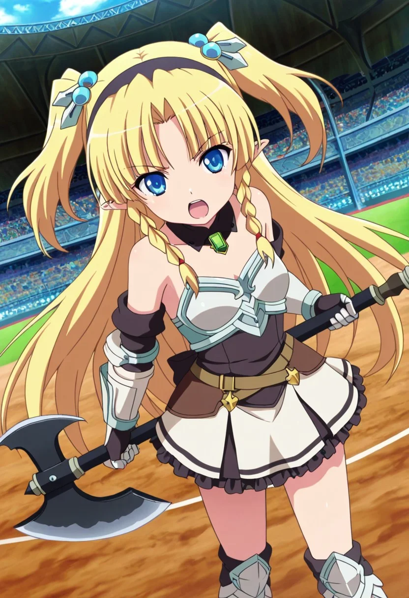 general,highres, ultra-detailed,very aesthetic,best quality ,best hands,best eyes,easynegative,
dynamic anglre, dutch angle, anime cloring,anime screencap,
1girl solo,looking at viewer,arena,outdoors, holding axe, , open mouth, fighting, 
Eilin,blonde_hair,very long_hair,short twintails, hairband, black band, braid,blue_eyes, small breasts, short body, petite, pointy_ears,bare shoulders shirt, armor, skirt,