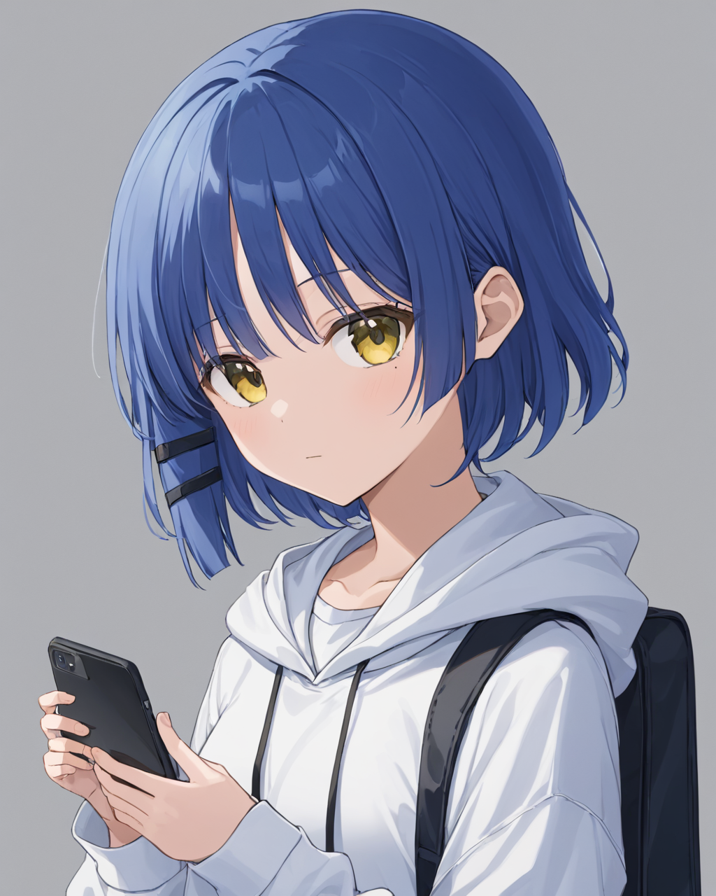 yamada_ryo,1girl, solo, mole_under_eye, holding_phone, simple_background, hoodie, instrument_case, closed_mouth, collared_shirt, long_sleeves, hairclip, white_shirt, grey_background, looking_at_viewer, smartphone, upper_body, hood_down
<lora:yamada_ryo_image1086_2023-11-22:1>. gorgeous,key visual, vibrant, studio anime,award-winning, professional, highly detailed,high budget, cinemascope