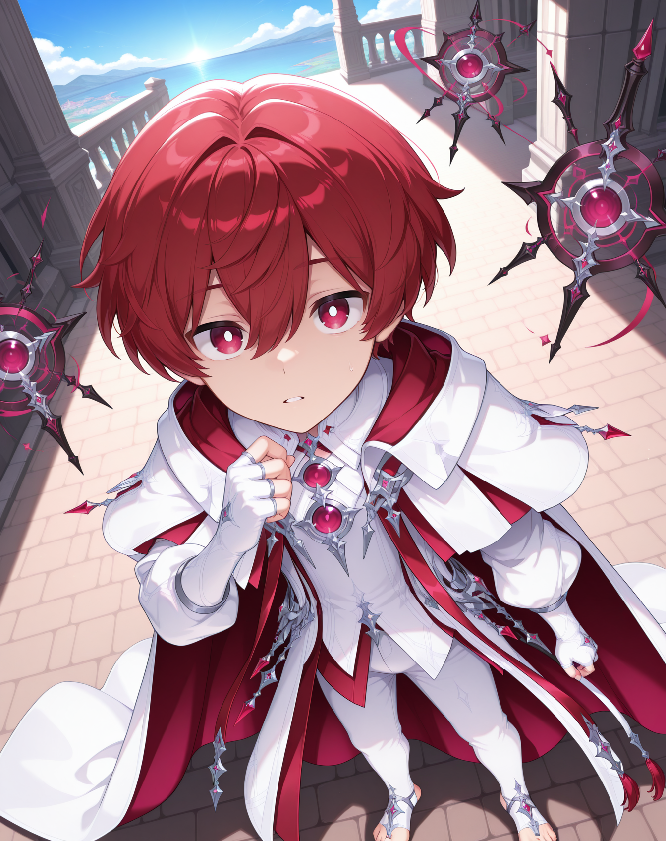 masterpiece, amazing quality, best quality, absurdres, very aesthetic,
1boy, solo, yaoi, male focus, full body, from above, standing, looking at viewer, face focus,
<lora:Noah_Morpheus_ilxl:1> noahmo, red hair, hair between eyes, red eyes, white pupils,
white robe, cloak, puffy sleeves, fingerless gloves, white shirt, white coat, white cape, two-sided fabric, white gloves, puffy long sleeves, bridal gauntlets, white pants, toeless legwear, stirrup legwear, bridal legwear,toenails, jewelry, purple gemstone, gem,
floating object, floating weapon, 
outdoors, day, blue sky,