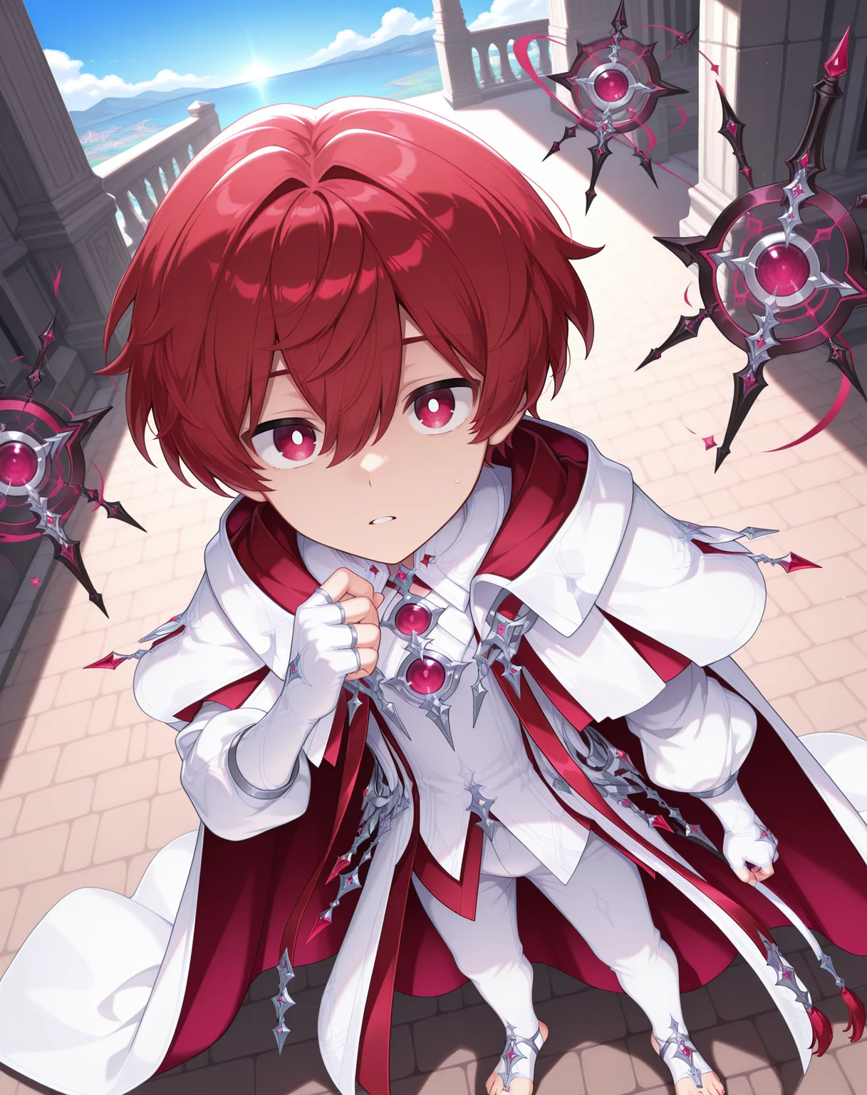 masterpiece, amazing quality, best quality, absurdres, very aesthetic,
1boy, solo, yaoi, male focus, full body, from above, standing, looking at viewer, face focus,
<lora:Noah_Morpheus_ilxl:1> noahmo, red hair, hair between eyes, red eyes, white pupils,
white robe, cloak, puffy sleeves, fingerless gloves, white shirt, white coat, white cape, two-sided fabric, white gloves, puffy long sleeves, bridal gauntlets, white pants, toeless legwear, stirrup legwear, bridal legwear,toenails, jewelry, purple gemstone, gem,
floating object, floating weapon,
outdoors, day, blue sky,