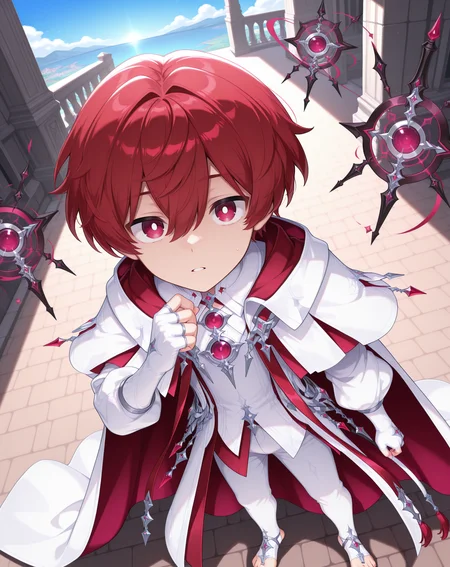 masterpiece, amazing quality, best quality, absurdres, very aesthetic,
1boy, solo, yaoi, male focus, full body, from above, standing, looking at viewer, face focus,
<lora:Noah_Morpheus_ilxl:1> noahmo, red hair, hair between eyes, red eyes, white pupils,
white robe, cloak, puffy sleeves, fingerless gloves, white shirt, white coat, white cape, two-sided fabric, white gloves, puffy long sleeves, bridal gauntlets, white pants, toeless legwear, stirrup legwear, bridal legwear,toenails, jewelry, purple gemstone, gem,
floating object, floating weapon,
outdoors, day, blue sky,