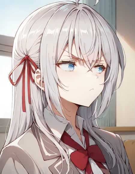 score_9, score_8_up, score_7_up, source_anime,
1girl, solo, school, portrait, indoors, looking away, (pout:0.7),
alya, long hair, silver hair, ahoge, crossed bangs, hair ribbon, red ribbon, sidelocks, blue eyes,
school uniform, grey jacket, open jacket,
<lora:alya_anime_v2-soralz:1>