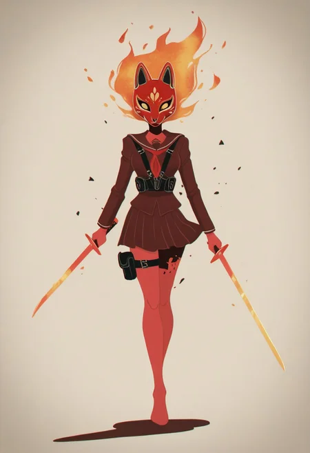 MSMLN, 1girl, action pose, fox_mask, fox fire, mechanical eye, holding sword, school uniform, harness, thigh pouch, silhouette art, glitch art, virtual, colored shadow, geometry, monochrome, local color adaptation, hdr, (disintegration effect:1.4), (chromatic aberration, polarized:1.2), (blurry:1.4), masterpiece, best quality, amazing quality, very aesthetic, absurdres, newest,