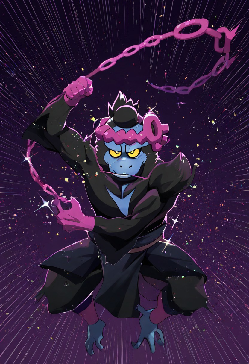 masterpiece, best quality, amazing quality, high detail, absurdres, Munkidori, toxic chain, male solo, dynamic pose, sparkles, yellow sclera, yellow eyes, dark purple background,