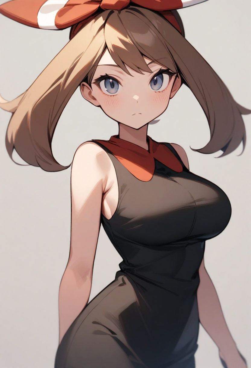 masterpiece,best quality,very aesthetic,absurdres,<lora:may_(pokemon):1>,simple_background, looking_at_viewer, sleeveless, 1girl, solo, commentary, breasts, ribbon, may_\(pokemon\), closed_mouth