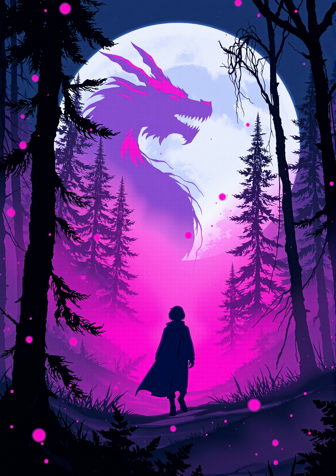 realistic, In a cyberpunk-inspired realm, Theme: Futuristic, cyberpunk-inspired tarot deck The Moon: A figure, walking through a dark, foggy forest, is haunted by ghostly apparitions. The background is the silhouette of a dragon emerges from the darkness, its form composed of the same vibrant energy. The entire scene is bathed in a contrast of deep blacks and brilliant pinks, creating a dynamic and visually striking composition. Particles of light scatter through the air, adding to the mystical atmosphere. This digital illustration blends elements of anime artistry with futuristic aesthetics, resulting in a captivating image that radiates energy and intensity.