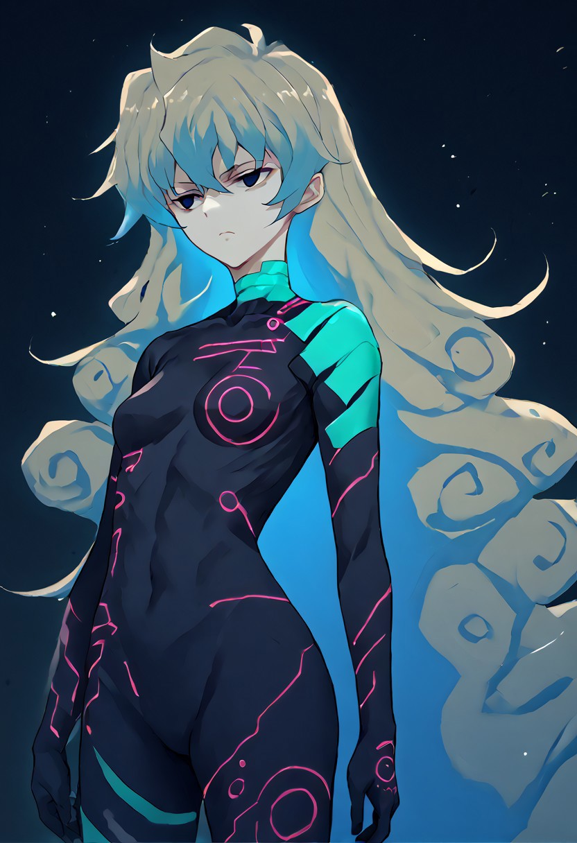 score_9, score_8_up, score_7_up, score_6_up, score_5_up, score_4_up, source_anime, 1girl, solo, 
antispiral nia, very long hair, two-tone hair, blue dark eyes, expressionless, glare, narrowed eyes, empty eyes, bodysuit, neon trim, 
masterpiece, best quality, very aesthetic, absurdres,