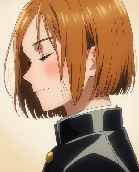 Nobara, 1girl,solo,blush,short hair,brown hair,closed mouth,school uniform,jacket,closed eyes,from side,black jacket,bob cut,portrait,gakuran,kugisaki nobara <lora:Spike:0.7>