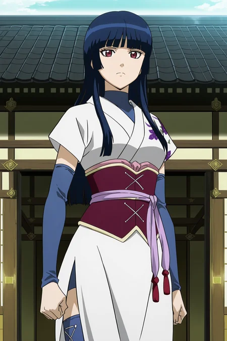 anime coloring, anime screencap, masterpiece, best quality, amazing quality,
<lora:Imai_Nobume_Gintama_-_Illustrious:1>
outside, feudal Japanese building,
Imai Nobume, 1girl, thighhighs, red eyes, blue hair, long hair, hime cut, blunt bangs, blue thighhighs, Japanese clothes, sash, obi, floral print, serious expression, cowboy shot, girl looking at the the viewer, (view from the side)