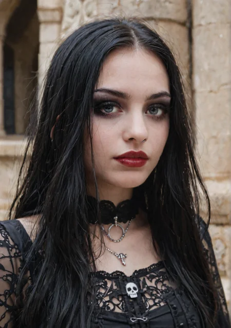 close up of a beautiful 25yo gothic woman, goth, in a old castle