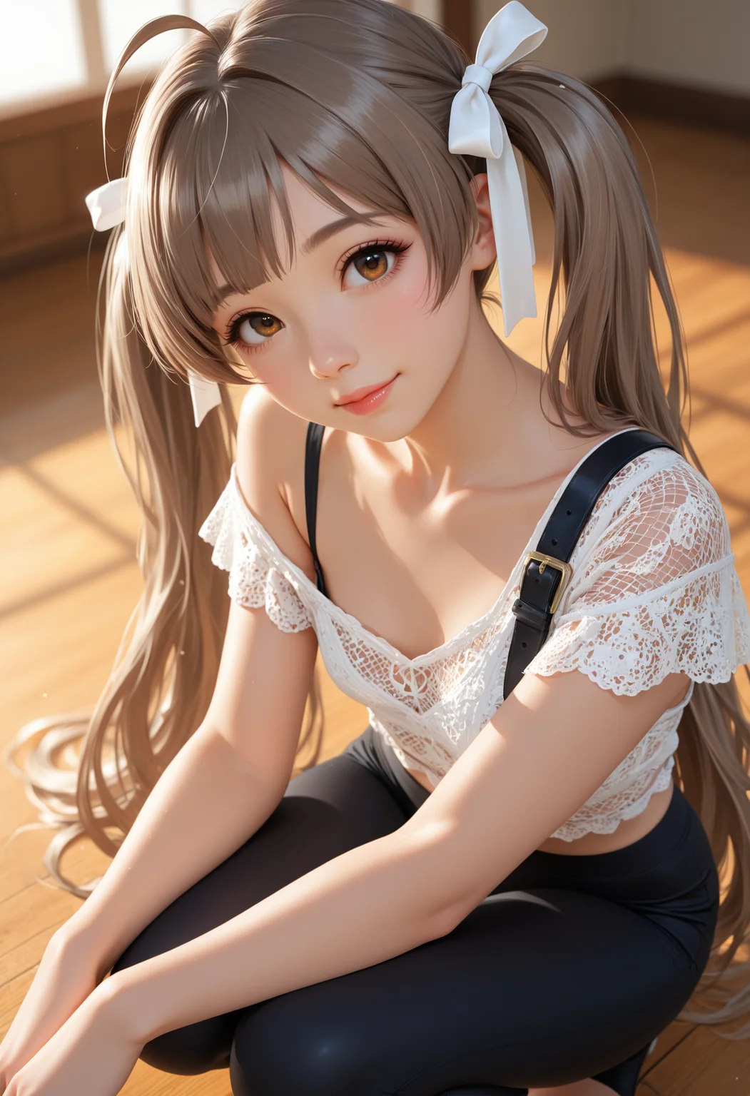lazypos, adult, mature, masterpiece, best quality, good quality, newest, highres, absurdres,
BREAK
raytracing, ambient occlusion,best quality, very awa, dynamic, cinematic, depth of field,blurry,
BREAK
realistic, masterpiece, absolutely eye-catching, (beautiful face),
BREAK
solo ,hakozaki serika, idolmaster, brown eyes, brown hair, very long hair, long hair, twintails, hair ribbon, ,Knees bent,stylish asymmetrical top with one shoulder strap, combined with fitted leggings that have mesh inserts for ventilation and comfort during gameplay, perfect body, (adult, mature), detailed eyes,looking at viewer, from above, squatting, arms around legs