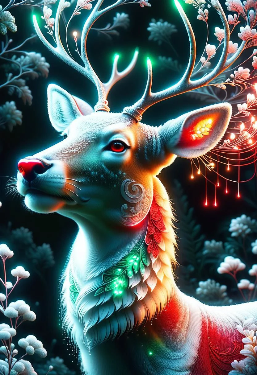 Abstract art in the style of Andy Kehoe, nose focus, hyperdetailed portrait of a deer , (((glowing neon red neon nose))), (((red neon glowing bright snout))), emerald ornate, intricate, soft, dreamy, fireflies, golden ratio, perfect composition, pale background,