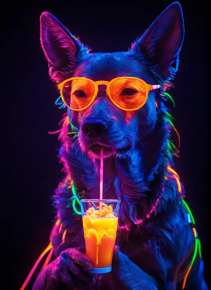 <lora:PE_NeonUV Style:0.9> PENeonUV, blacklight, neon,
beautiful dog drinking milkshake, wearing neon sunglasses, glowing,
masterpiece, high resolution, octance 4k, high detail,