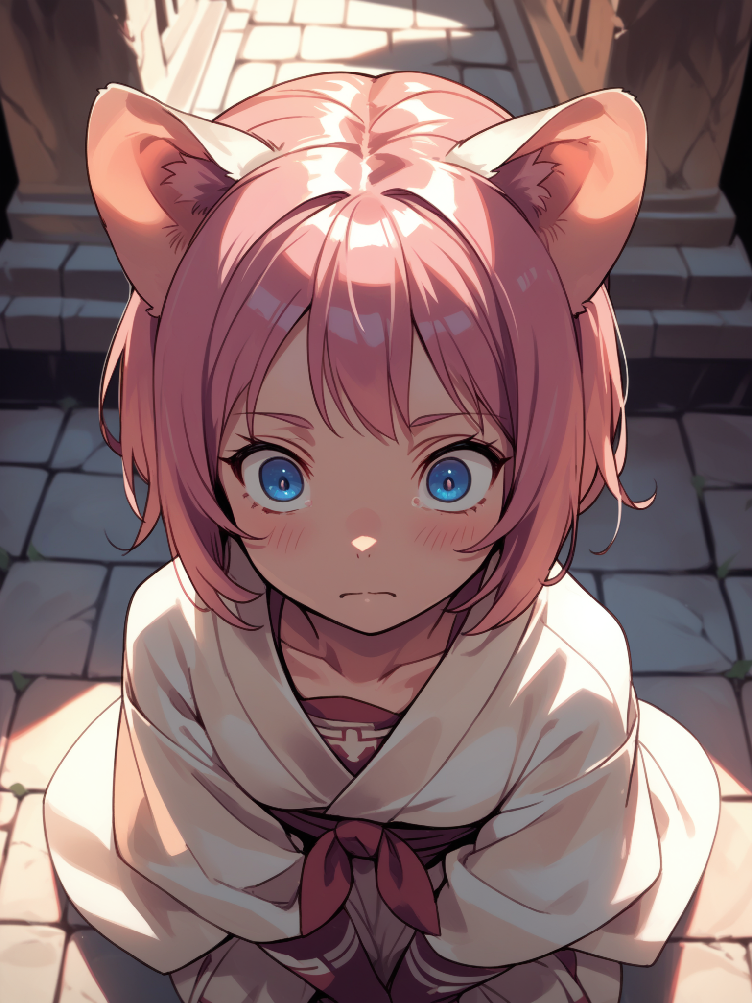 (solo focus, :1.2) <lora:happy_tentacle-necomimi-v0.1-000028:1>, ht_necomimi, pink hair, blue eyes, animal ears, (petite:1.2), ( :1.1) ( ( head tilt :0.8) , (wide-eyed :1.2) , ( :1.2) , , (looking down:1.2) :1) , (temple :1.2) (( from above :1.3) :0.8) score_9, score_8_up, score_7_up, score_6_up, score_5_up, score_4_up, ( [(realistic, photorealistic:1.3):(realistic:1.3):14] [(3d:1.2)::12] :1) <lora:LUUNA's Lunas-NijiJourney-SDXL-B2:0.3>, nijijourney <lora:prgfrg23's Counterfeit-V3.0 Style SDXL_LoRA_Pony Diffusion V6 XL:0.3> <lora:mfcg's mfcgXL:0.12> <lora:reweik's gyokai(himehajime)_PonyXL_style_v01:0.14>